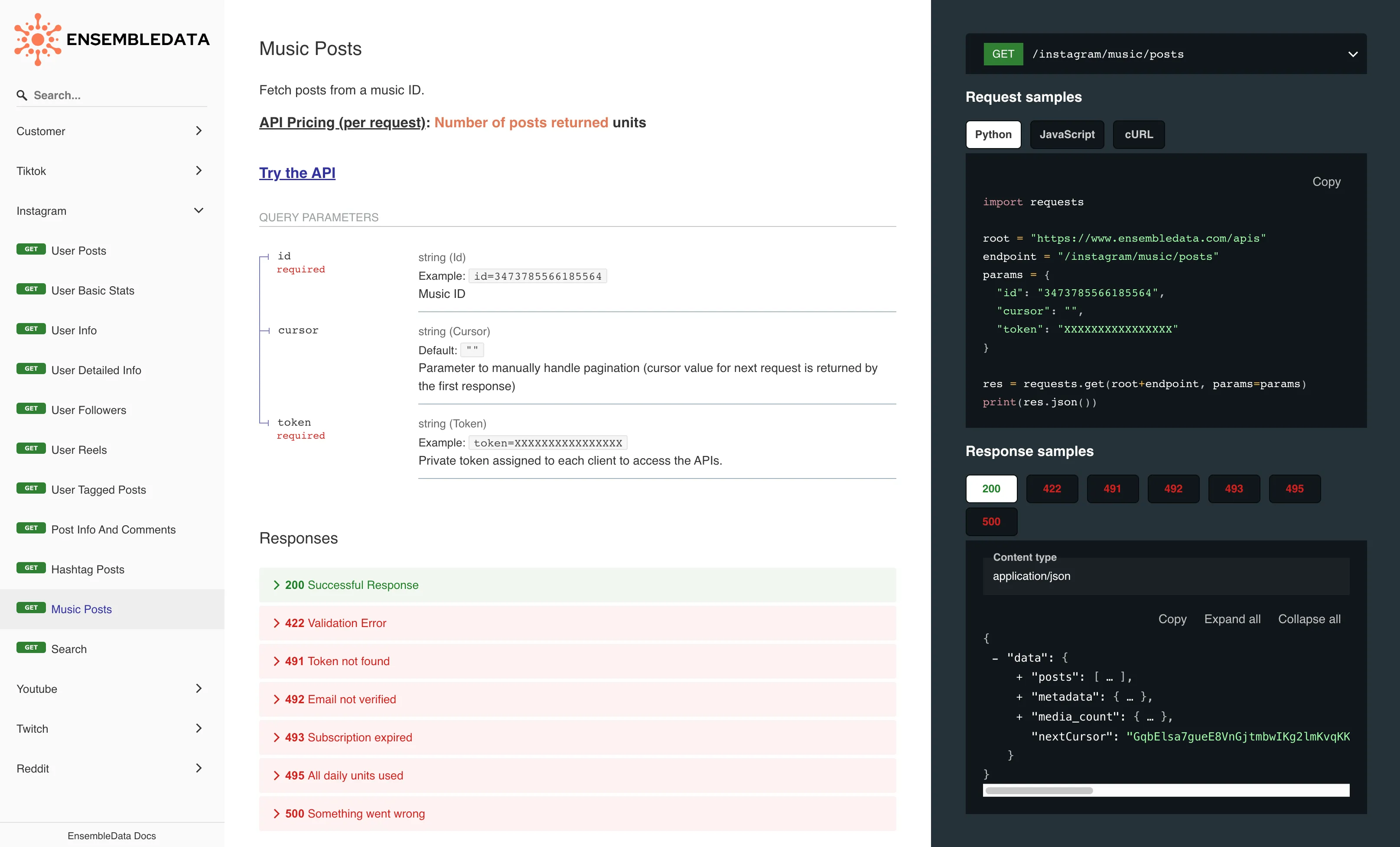 EnsembleData Instagram Music API Documentation