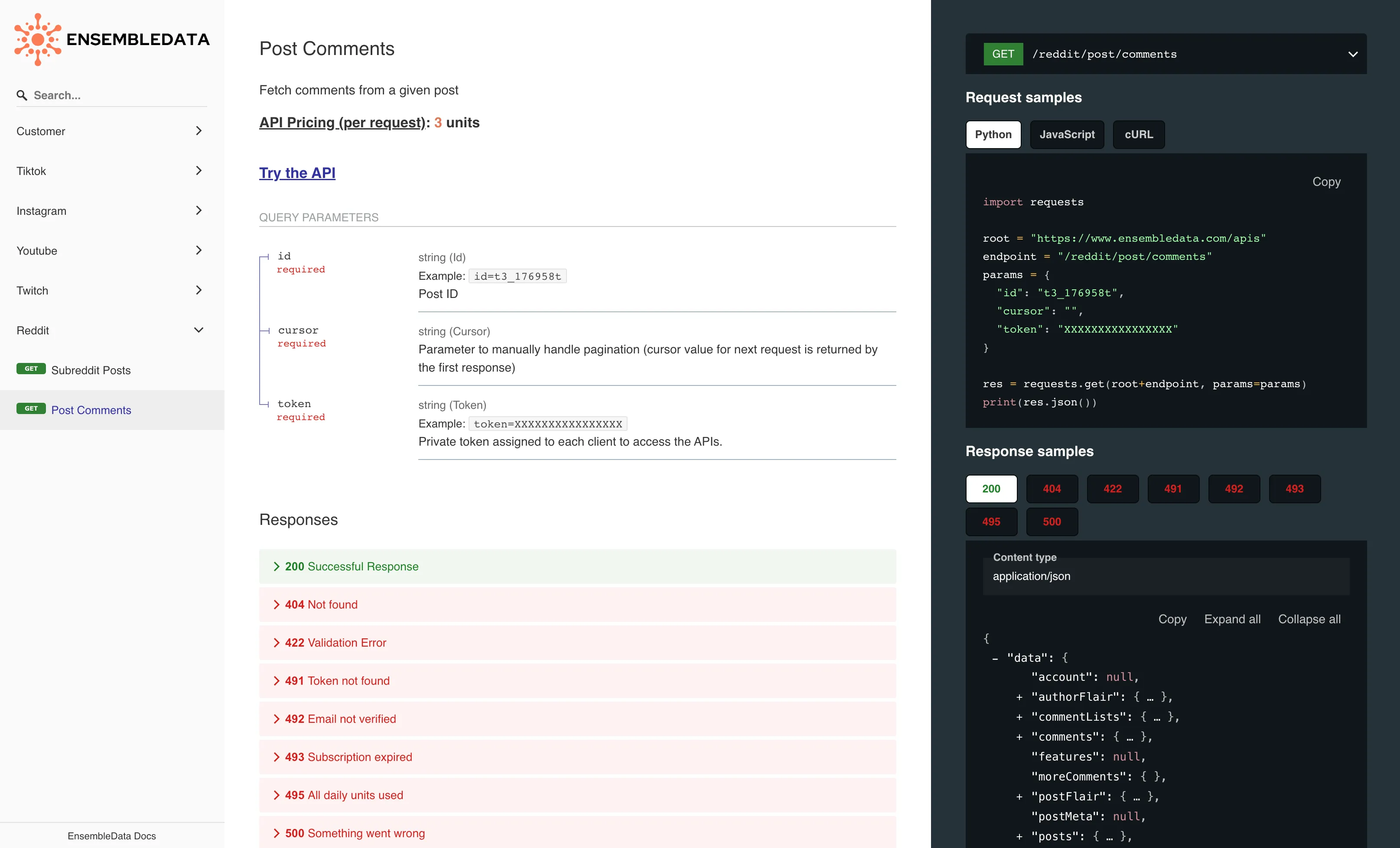 EnsembleData Reddit Comments API Documentation