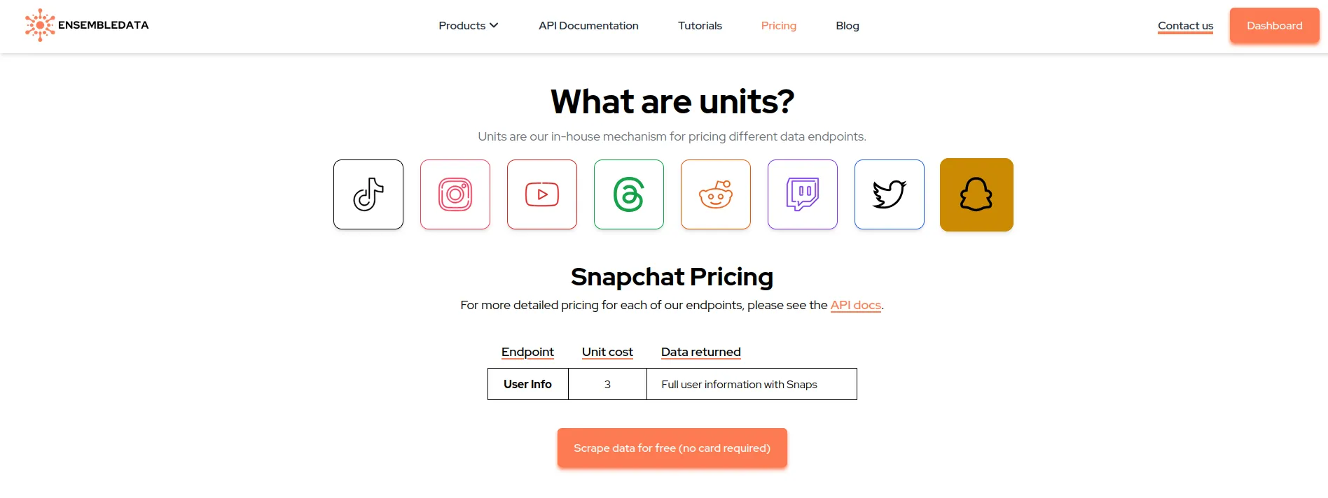 EnsembleData Snapchat API Pricing Page Preview