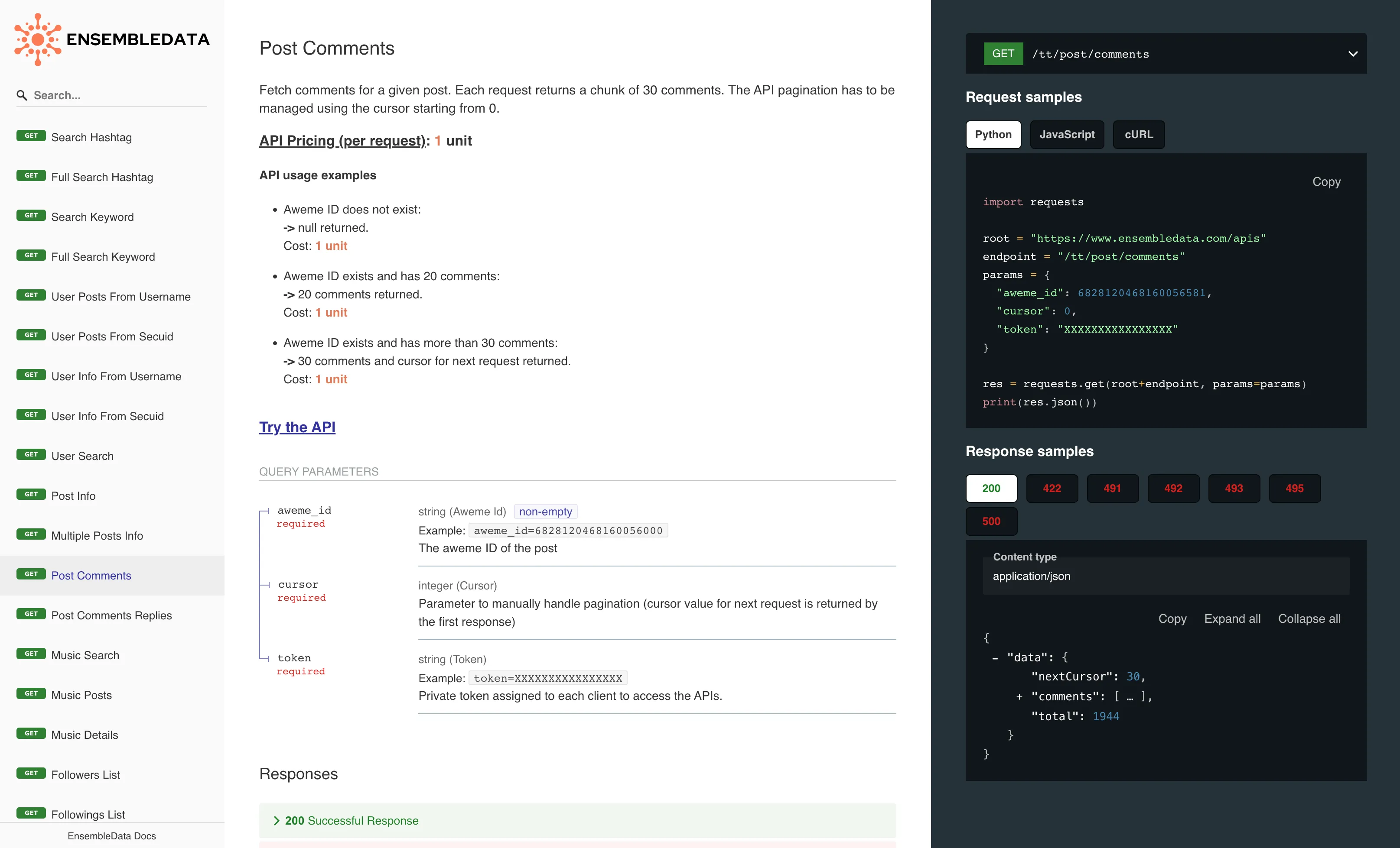 EnsembleData TikTok Comments API Documentation