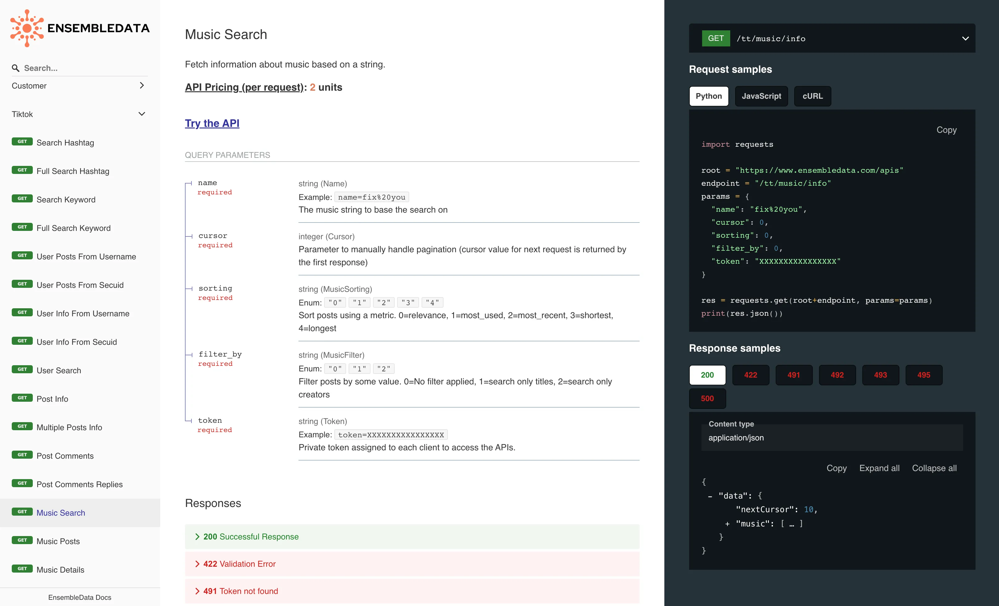 EnsembleData TikTok Music API Documentation