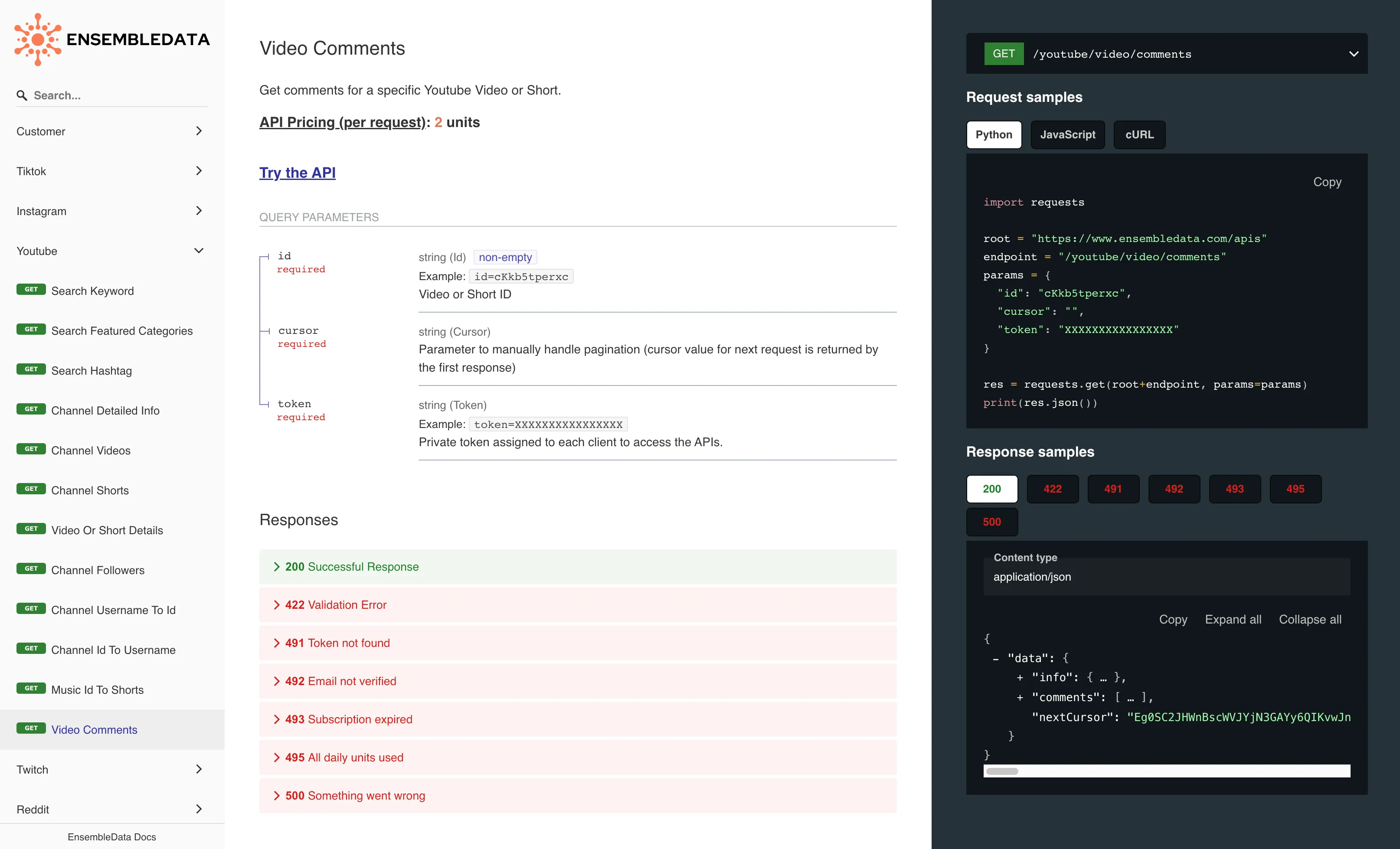 EnsembleData Youtube Comments API Documentation