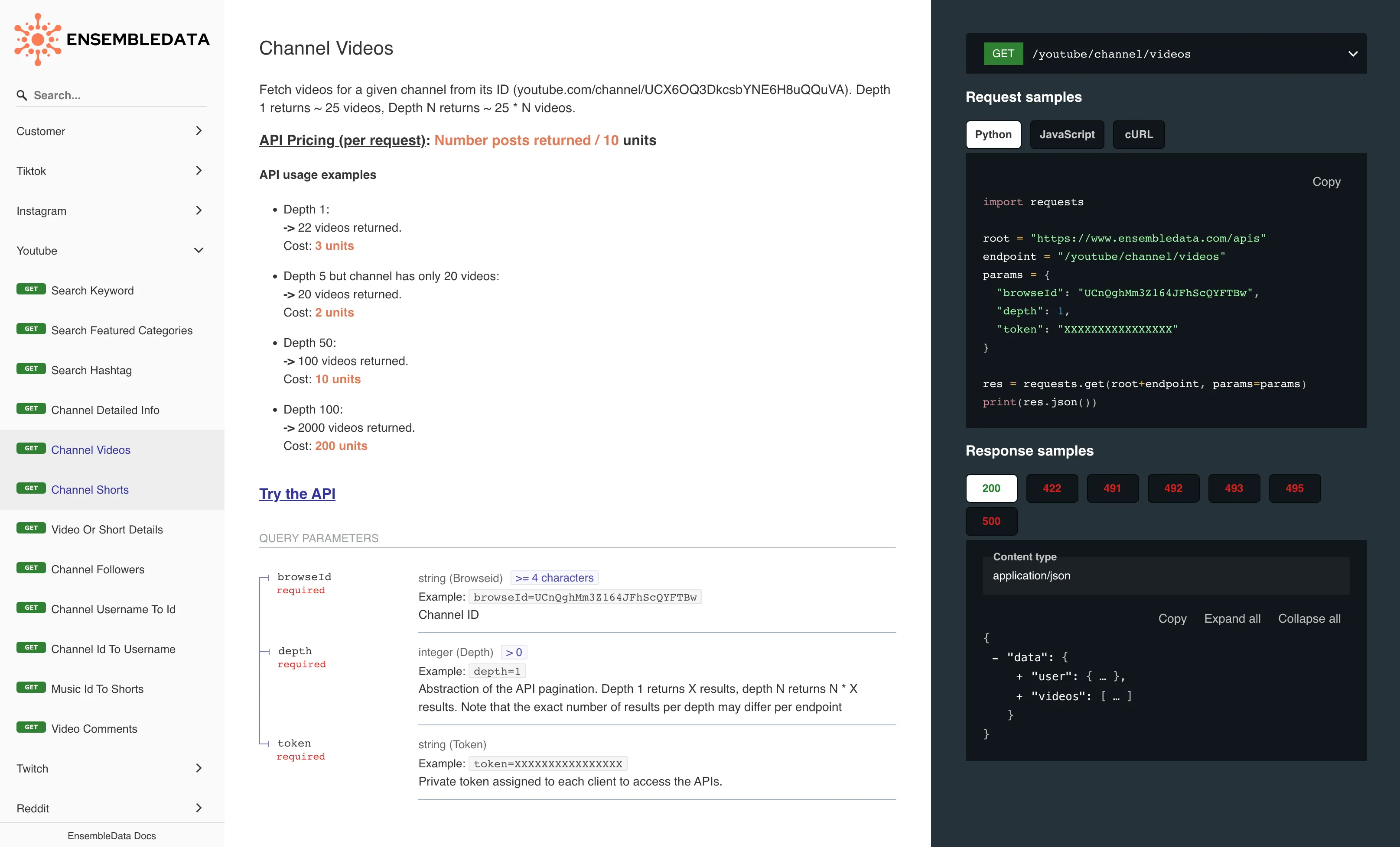 EnsembleData Youtube Posts API Documentation